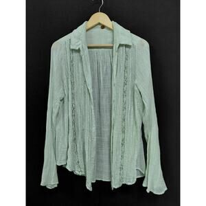 FP One Sheer Cotton Blend Top Green Solid Long Sleeve Women Size SD
